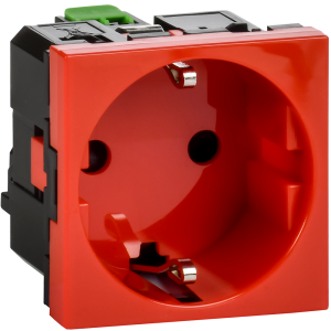 Розетка с заземляющим контактом защитной шторкой и безвинтовым зажимом (2 модуля) красная
