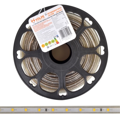 Лента светодиодная гибкая герметичная ULS-Q325 2835-60LED/m-10mm-IP67-220V-6W/m-50M-WW В ПВХ трубке. Упаковка - бобина 50 м. IP67. Угол излучения 120. Кратность резки 1 м. Теплый белый свет.