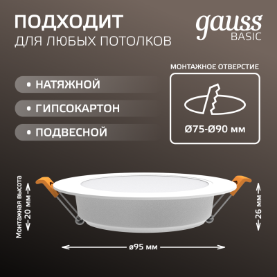 Светильник светодиодный ДВО 4.5 Вт 300 лм 4000К AC 220В IP20 круг D95х26мм монт d75мм Пластик Basic