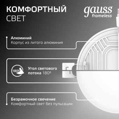 Светильник светодиодный ДВО 18 Вт 1800 лм 4000К AC 220В IP20 круг D120х27мм монт d106мм Пластик безрамочный Frameless Gauss
