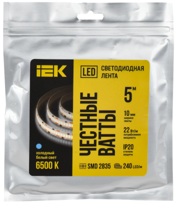 Лента светодиодная 5м SMD2835 240LED/м 22Вт/м IP20 ширина 10мм 24В холодный белый IEK