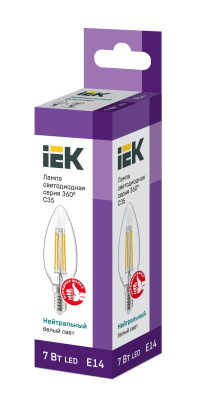 Лампа светодиодная C35 свеча прозрачная 7Вт 230В 4000К E14 серия 360 град