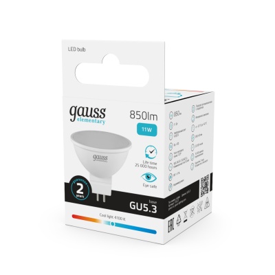 Лампа светодиодная LED 11 Вт 850 лм 4100К софит MR16 нейтральный GU5.3 AC 220В Elementary Gauss