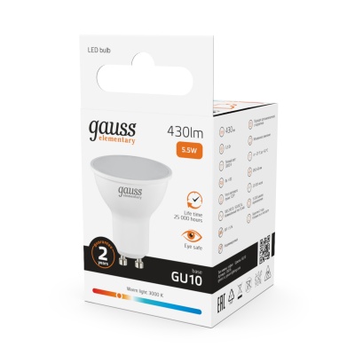 Лампа светодиодная LED 5.5 Вт 430 лм 3000К софит MR16 теплый GU10 AC 220В Elementary Gauss