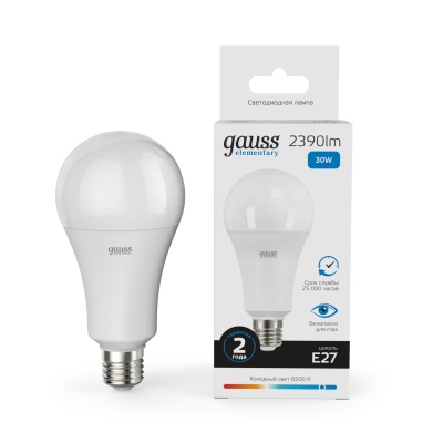 Лампа светодиодная LED 30 Вт 2390 лм 6500К А70 груша холодный E27 AC 220В Elementary Gauss