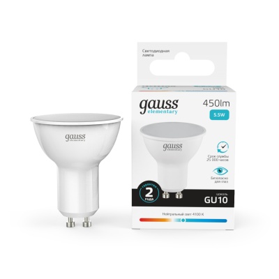 Лампа светодиодная LED 5.5 Вт 450 лм 4100К софит MR16 нейтральный GU10 AC 220В Elementary Gauss