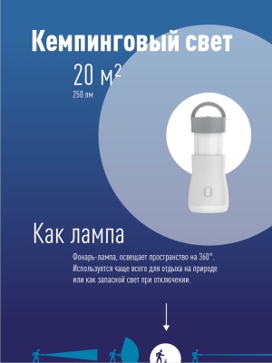 Фонарь-светильник аккумуляторный - 3W , кемпинг-7 W, аккум. 3,7V 1,2 Ah, 150Lm - 3 часа, 250 Lm - 3 часа, 180 Lm - 4 часа,