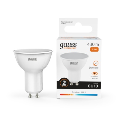 Лампа светодиодная LED 5.5 Вт 430 лм 3000К софит MR16 теплый GU10 AC 220В Elementary Gauss