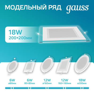 Светильник светодиодный ДВО 18 Вт 1480 лм 4000К AC 220В IP20 квадрат 200х200х36мм монт разм 170х170мм Алюминий с декоративным стеклом Glass Gauss