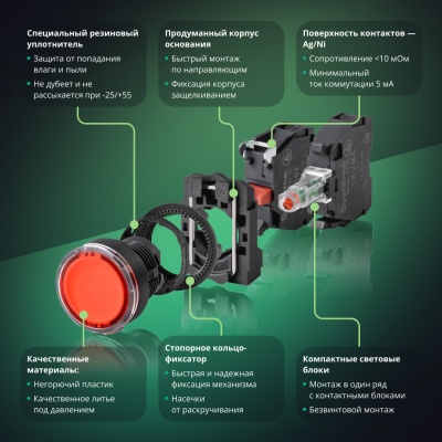 Кнопка SB5 с подсветкой в сборе модульная 22мм красная пластик 24ВDC 1НО+1НЗ