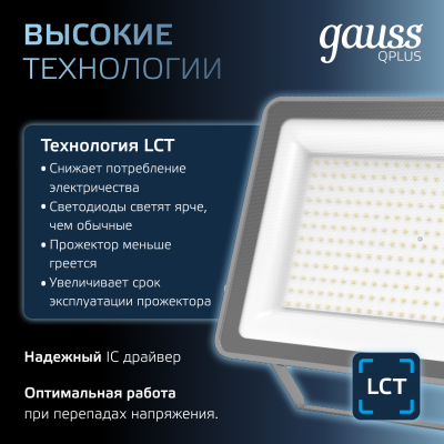 Прожектор светодиодный ДО 200 Вт 21000 лм 6500К AC 220В IP65 290х32х400мм матрированное закаленное стекло Qplus Gauss