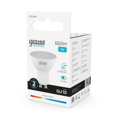 Лампа светодиодная LED 9 Вт 660 лм 4100К софит MR16 нейтральный GU10 AC 220В Elementary Gauss